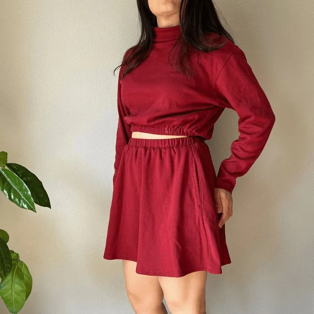 vtg 90s Lands end upcycled reowrked 2 piece skirt crop top set red‎ knit small